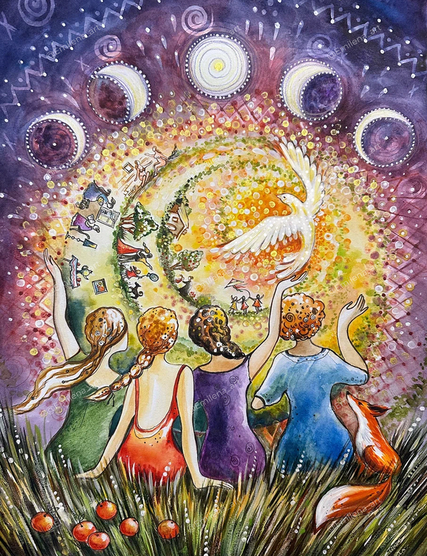 Картина «Вместе Женщины Земли»: четыре женщины сидят в траве спиной к зрителю и тянут руки к сияющему кругу с белой птицей, рядом лиса, вверху фазы луны