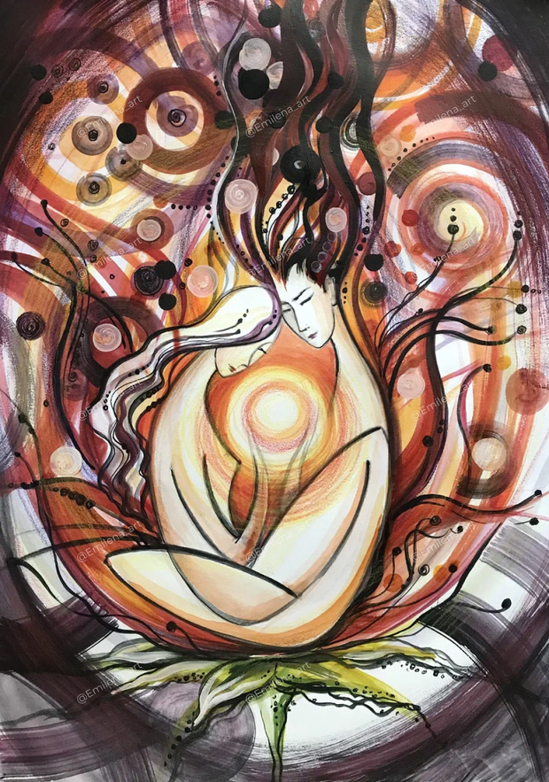 Картина «Единение»: обнажённые мужчина и женщина сидят, слившись в объятии, внутри раскрытого цветка, между ними свет, вокруг красные спирали
